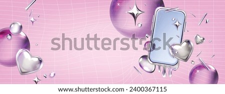 Y2k 3D smartphone confetti banner, chrome vector cellphone screen advertisement flyer, heart, stars. Valentine’s Day pink futuristic aesthetic holiday background, bubble, display. Metal 3D smartphone