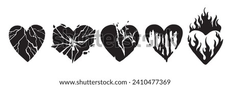 Broken heart gothic vector icon set, love sign rock gothic sticker, cracked grunge shapes, flame. Emo romance trendy print, y2k Valentine Day graffiti 90s art, breakup tattoo. Broken heart silhouette