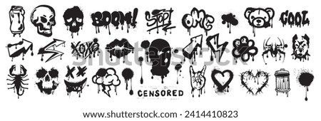 Street spray graffiti element set, sticker kit balaclava, vector grunge etro urban ghetto print. Gangster tattoo kit, underground can hip-hop sign, heart, skull silhouette, arrow. Street graffiti