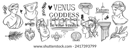 Greek sculpture y2k tattoo sketch set, vector roman goddess statue head doodle drawing ink scribble. Contemporary mythology antique sticker kit, woman face, column. Greek sculpture fashion print