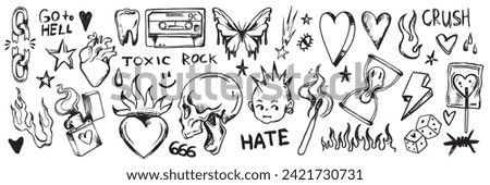 Doodle rock grunge set, graffiti groovy vector punk heart print kit emo gothic hand drawn skull sign. Marker scribble sticker, crayon wax paint collage icon, flame. Rock doodle y2k line sketch tattoo