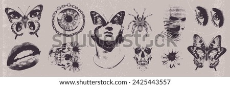 Futuristic retro photocopy object set, vector surrealism contemporary sticker design, lips, eyes. Grunge noise monochrome tattoo, contemporary surreal art brutalism aesthetic. Futuristic retro effect 