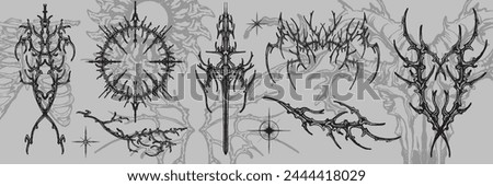 Neo tribal gothic tattoo set, vector y2k retro futuristic cyber symmetry shapes, dark roots branches. Metal music cover print, alien surreal illustration, sword, star grunge clipart. Neo tribal symbol