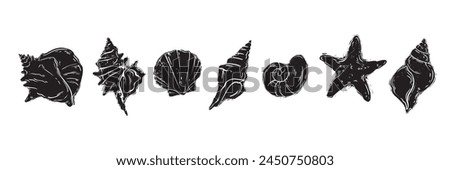 Linocut shell set, vector ocean beach scallop silhouette print, summer marine snail icon collection. Tropical seashore engraving illustration, mollusc conch woodcut. Linocut shell nautical clipart