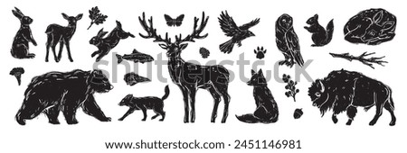 Linocut forest animal set, vector wildlife silhouette nature grunge engraving print collection. Vintage woodcut mammals, grisly bear, deer antlers, fox, rabbit, owl stamp. Boho linocut animal outline