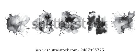 Black ink blob set, vector dark watercolor spot, abstract grunge stain collection, dirty splash. Brushstroke painting liquid silhouette, grunge paper inkblot, spray dripped wet background. Ink blob 