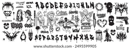 Graffiti urban sticker set, calligraphy print spray vector neo tribal alphabet street art character. Underground dark grunge culture tattoo, typeface, balaclava, font. Graffiti urban textile design