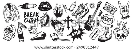 Rock music doodle icon set, vector hand drawn grunge punk tattoo, dark scribble sticker, skull, lips. Gothic emo ink line object, guitar, fire flame, urban subculture leather jacket. Hard rock doodle