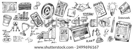 Business doodle set, vector finance teamwork strategy graphic sketch, hand drawn scribble diagram. Brainstorm mind planning, team communication, money statistics idea sign. Business doodle infographic