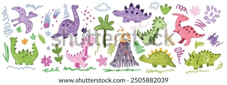 Kids doodle dino set, vector color pencil dinosaur illustration, cartoon childish cute monster plant. Hand drawn naive scribble funny prehistorical characters, flowers, clouds, volcano. Doodle dino