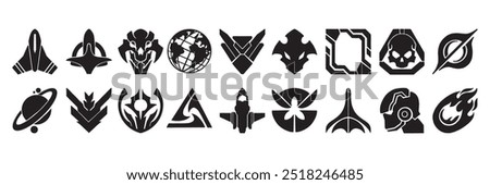 Space futuristic icon set, vector rocket sign, y2k cyber alien shape, galaxy ship minimal collection. Cosmic future techno abstract print, astronaut helmet symbol, sci-fi graphic logo. Game space icon