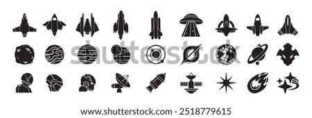 Space icon set, vector sci-fi cosmic retro futuristic sign, rocket launch, alien cosmic ship, helmet. Astronomy techno symbol collection, solar system, asteroid, astronaut silhouette. Space icon kit