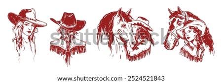 Cowgirl engraving portrait set, vector hand drawn western woman face, grunge Texas female character. American ranch lady in traditional cowboy hat with horse retro print. Cowgirl portrait illustration