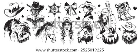 Cowgirl portrait set, vector hand drawn western woman with guitar, grunge Texas female sheriff star. American ranch lady portrait, traditional cowboy hat, boots, horse retro print. Cowgirl portrait