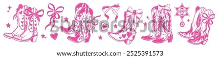 Cowgirl boots set, vector coquettish Texas ranch shoes, western girly pink fashion, cute ribbon bow. Female romantic rodeo footwear icon set, lovely feminine retro illustration. Vintage cowgirl boots