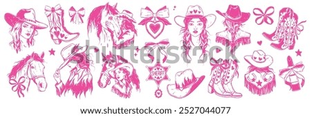 Cowgirl portrait set, hand drawn western woman face, vector coquettish Texas female sheriff star. American ranch lady portrait, traditional cowboy hat, girly boots, horse retro print. Cowgirl portrait