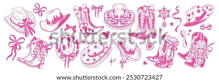 Coquettish cowgirl hat set, vector pink girly cowboy boots wild west traditional clothes ribbon bow. Groovy hand drawn party costume Texas American shoes doodle fashion. Cowgirl hat bachelorette print