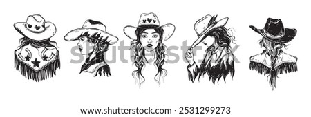 Cowgirl illustration set, vector western woman portrait, hand drawn Texas girl traditional hat. American retro ranch female character, country music vintage lady engraving style. Cowgirl portrait