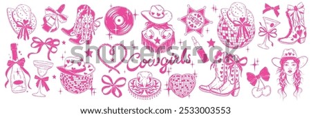 Cowgirl coquettish groovy party icon set vector hand drawn western bachelorette dancing doodle. American traditional hat, cowboy boots, disco ball, country woman face. Pink ribbon, cowgirl party print