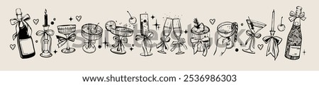 Christmas alcoholic cocktail icon set, vector hand drawn New Year beverage glass kit, wine bottle. Vintage drink doodle collection, coquettish girly martini bar menu design. Margarita alcohol cocktail