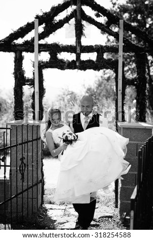 The groom carries the bride in his arms through the entrance gate.