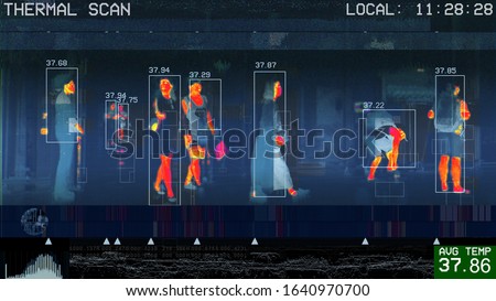 illustration of international passengers infrared thermal scan imaging camera on immigration and entry after landing. conceptual security and medical health diagnosis quarantine precaution measurin 商業照片 © 