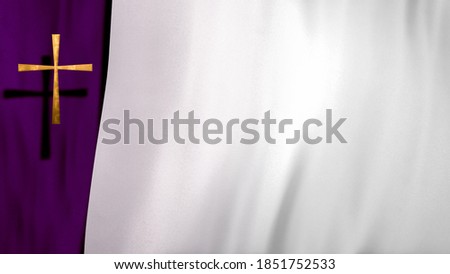 Waving satin with golden Christian Cross on liturgic violet and white copy space. 3D illustration concept for online worship church sermon in Advent and Lent symbolizing penance sacrifice and mourning Stock foto © 