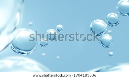 Pure effervescent vitality cosmetic refreshing hygiene hydrogen blue energy 3d illustration of transparent carbonated blue gas bubbles underwater in full-frame macro close up with selective focus blur