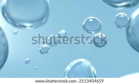 Blue and white concept realistic hydro fresh water bubble showcase background. 3D illustration of transparent carbonated drops with copy space for beauty care grooming product and medical healthcare ストックフォト © 