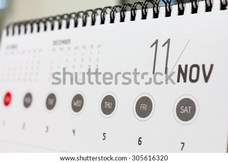 November calendar header. 2015 year calendar.