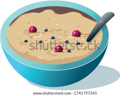  Porridge with berries vector illustration. A healthy breakfast illustration. A tasty vegan meal vector illustration. A bowl of porridge with spoon isolated vector illustration. A yummy meal vector.