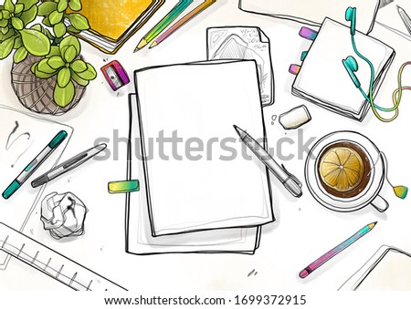 Top view on a desk and blank paper, stationery, flower and tea mug. Watercolor painting