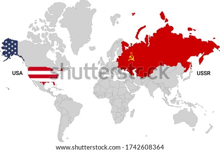 World map with USA and USSR and flags fills