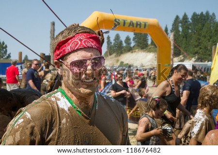 BOISE, IDAHO - AUGUST 25: Unidentified man standing at the starting line at the end of the race at the Dirty Dash August 25 2012 in Boise, Idaho
