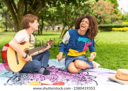 Image, Stock Photo Delighted ethnic couple playing video game together