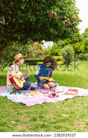 Similar – Image, Stock Photo Delighted ethnic couple playing video game together