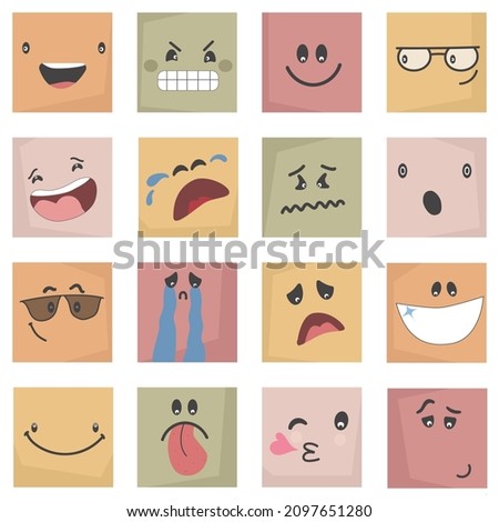 colorful abstract Emoticons set. comic Faces with various Emotions. Flat design.  Emoji faces emoticon smile, digital smiley expression emotion feelings, chat messenger cartoon emotes. Foto d'archivio © 