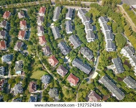 Similar – Image, Stock Photo Aerial drone view of road in idyllic winter landscape at sunset. Street running through the nature from a birds eye view