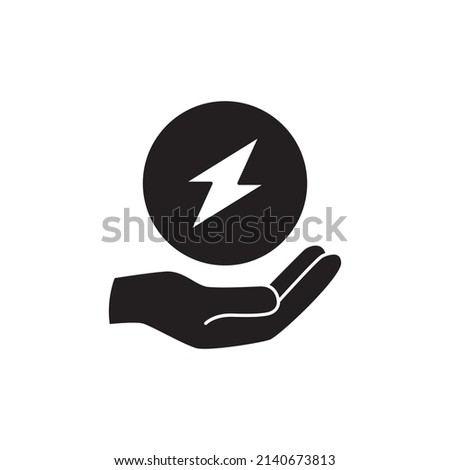 Save energy icon. Lightning bolt between hand icon in black flat glyph, filled style isolated on white background