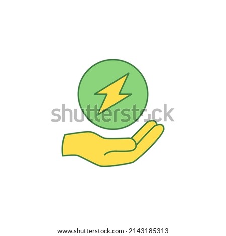 Save energy icon. Lightning bolt between hand icon in color icon, isolated on white background 