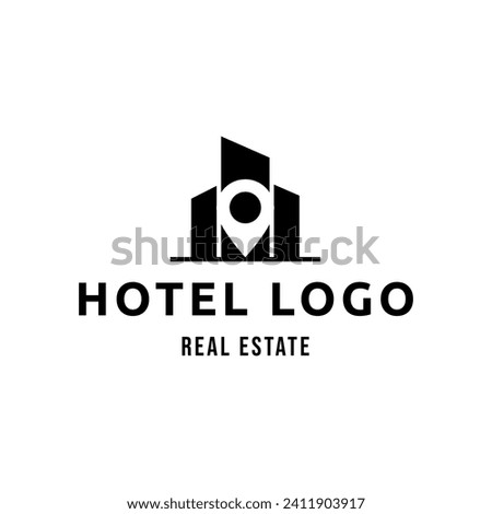 Hotel Logo. Hotel point logo vector. Pin icon with hotel symbol combination isolated on white background.
