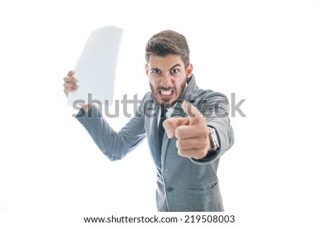 Very angry business man. Boss getting angry with employee and firing him for losing business isolated on white background with copy space for text. Stressful office situation concept