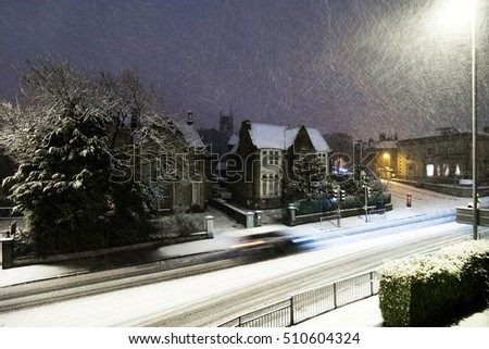 Similar – Foto Bild Verschneite Kleinstadt am Fjord vor Bergen zur blauen Stunde