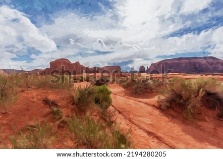Digitally created watercolor painting of a desert dirt road through in Monument Valley