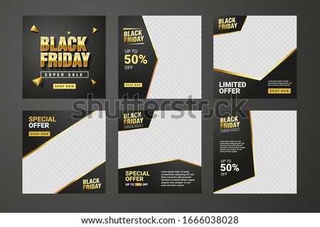 Set of Editable Black Friday banner template. Black and gold background color with stripe line shape. Suitable for social media post and web internet ads. Vector illustration with photo college