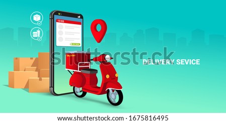 Fast delivery by scooter on mobile. E-commerce concept. Online food or pizza order and packaging box infographic. Webpage, app design. green gradient city background. Perspective vector illustration