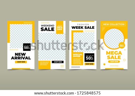 Set of Editable banner instagram story template. Black and yellow background color with stripe line shape. Suitable for social media stories post and web mobile ads. Vector with photo college