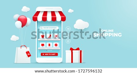 Online Shopping on Mobile Application Vector Concept. with store bag and gift box. blue sky background and white smartphone showcase display icon on shelves. Digital marketing illustration