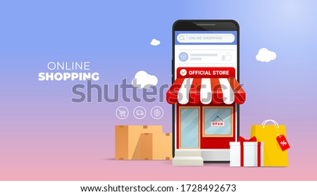Shopping Online on Website or Mobile Application Vector Concept Marketing and Digital marketing promotion. on 3d smartphone view front store with bag and gift box illustration.