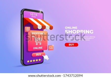 Shopping Online on Mobile phone Application Concept illustration and Digital marketing promotion. 3d smartphone with store cart icon on Horizontal view.